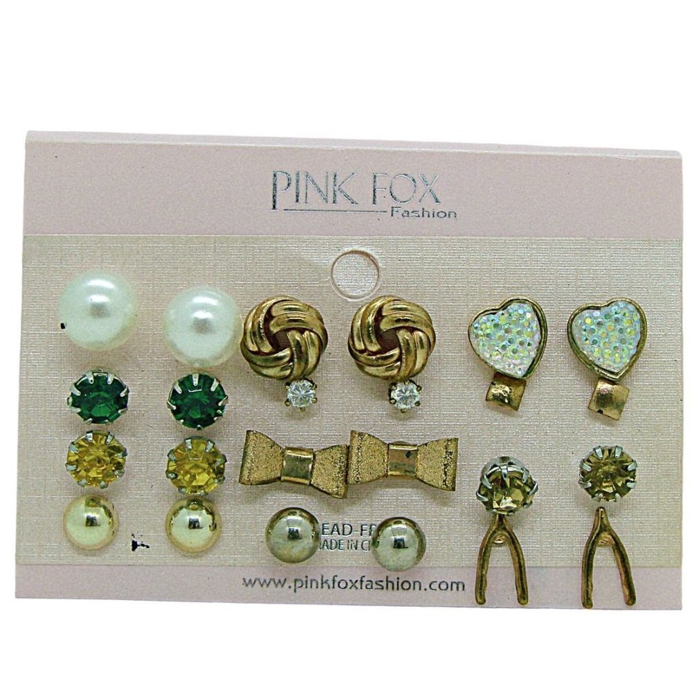 Lot of 12 Mixed Pierced Earring Studs Faux Pearls Wishbone Heart Bow Birthstone